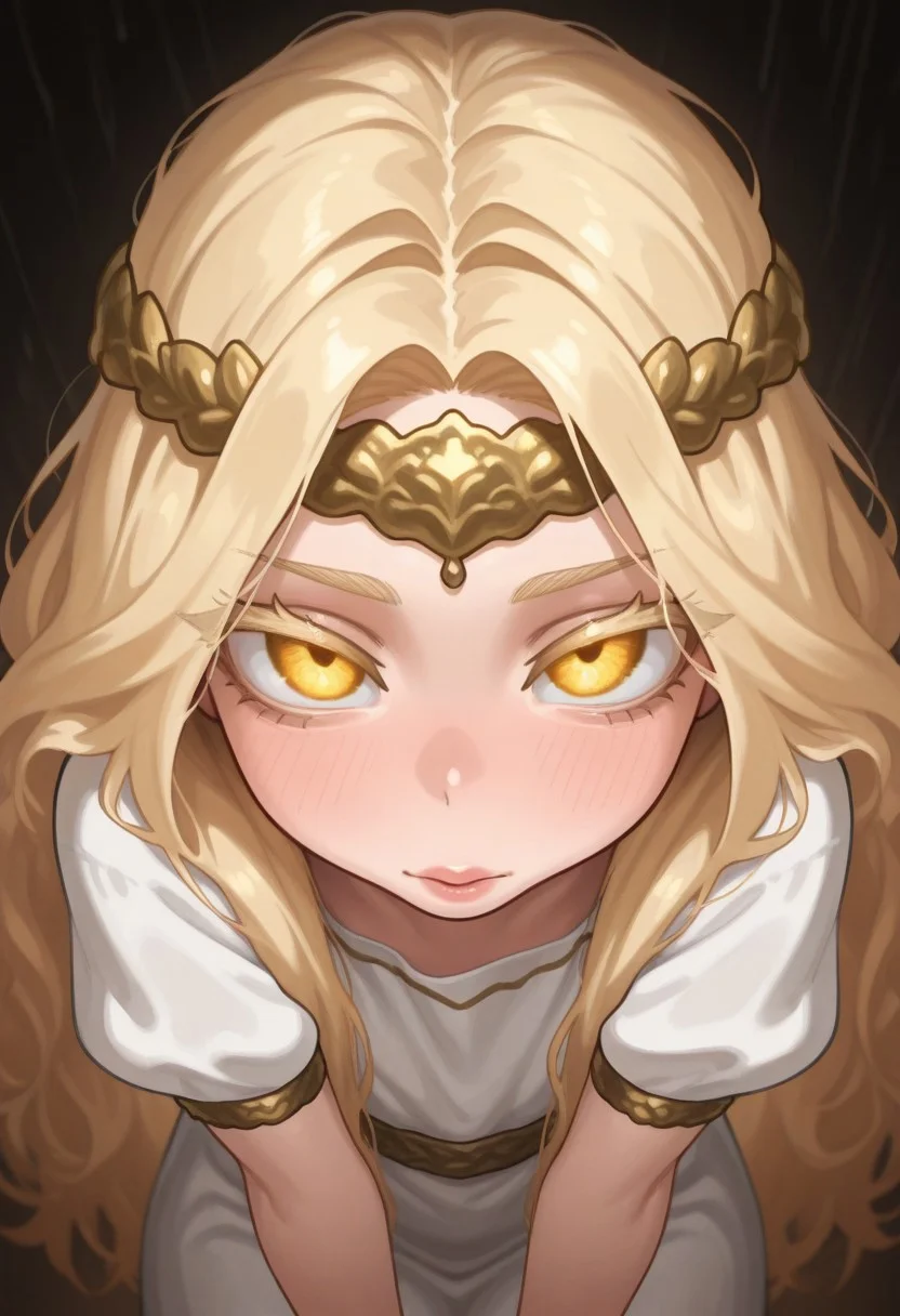 masterpiece, best quality, amazing quality, very aesthetic, absurdres,(miquella),solo,blonde hair,gold diadem,white robe,gold armlet,gold,belt,puffy short sleeves, long hair, kissing,kissing at Viewer,lips, pov,close View,looking at Viewer,colored eyelashes,long yellow eyes, glowing eyes,