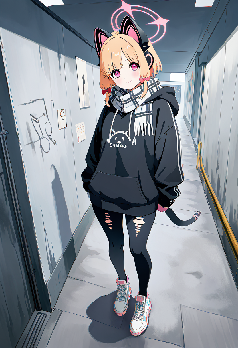 masterpiece, best quality, solo, curvy, beautiful eyes, narrow waist, wide hips, 1girl, solo, smile, looking at viewer, dynamic angle, foreshortening, close up,     zzMomoi, blonde hair, animal ears, fake animal ears, animal ear headphones, headphones, short hair, bow, halo, cat ear headphones, hair bow, red bow, pink eyes, pink halo,  ,<lora:MomoiBlueArchiveIXL:0.7>,[Street Emo], oversized black hoodie with bold graphic prints, ripped skinny black jeans with silver chains hanging from the belt loops, chunky sneakers with a mix of black and white, plaid scarf draped loosely over her shoulders, silver hoop earrings and a spiked bracelet, smoky eye makeup with blended grey and black shadows, standing in an urban skatepark with graffiti-covered ramps and concrete walls,