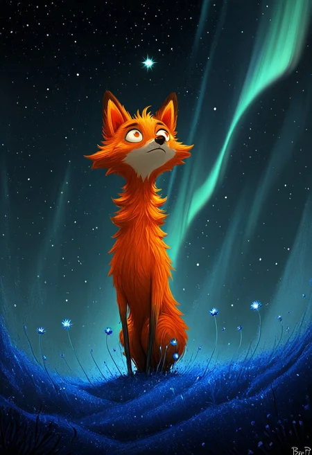 thin elongated fox, disproportionately massive head, balanced atop shattered planet fragment, drifting through cosmos, glowing blue cornflowers sprouting from celestial debris, bristly orange fur illuminated by distant stars, deep twilight space background, aurora-like wisps, huge haunting amber eyes containing entire solar systems, digital painting, dramatic brushstrokes, Tim Burton inspired, dark whimsical art style, fantasy illustration, surreal, cosmic, ethereal, detailed fur texture, dramatic lighting, starlight reflections, fantastical, dreamlike quality, otherworldly, high detail, vibrant colors