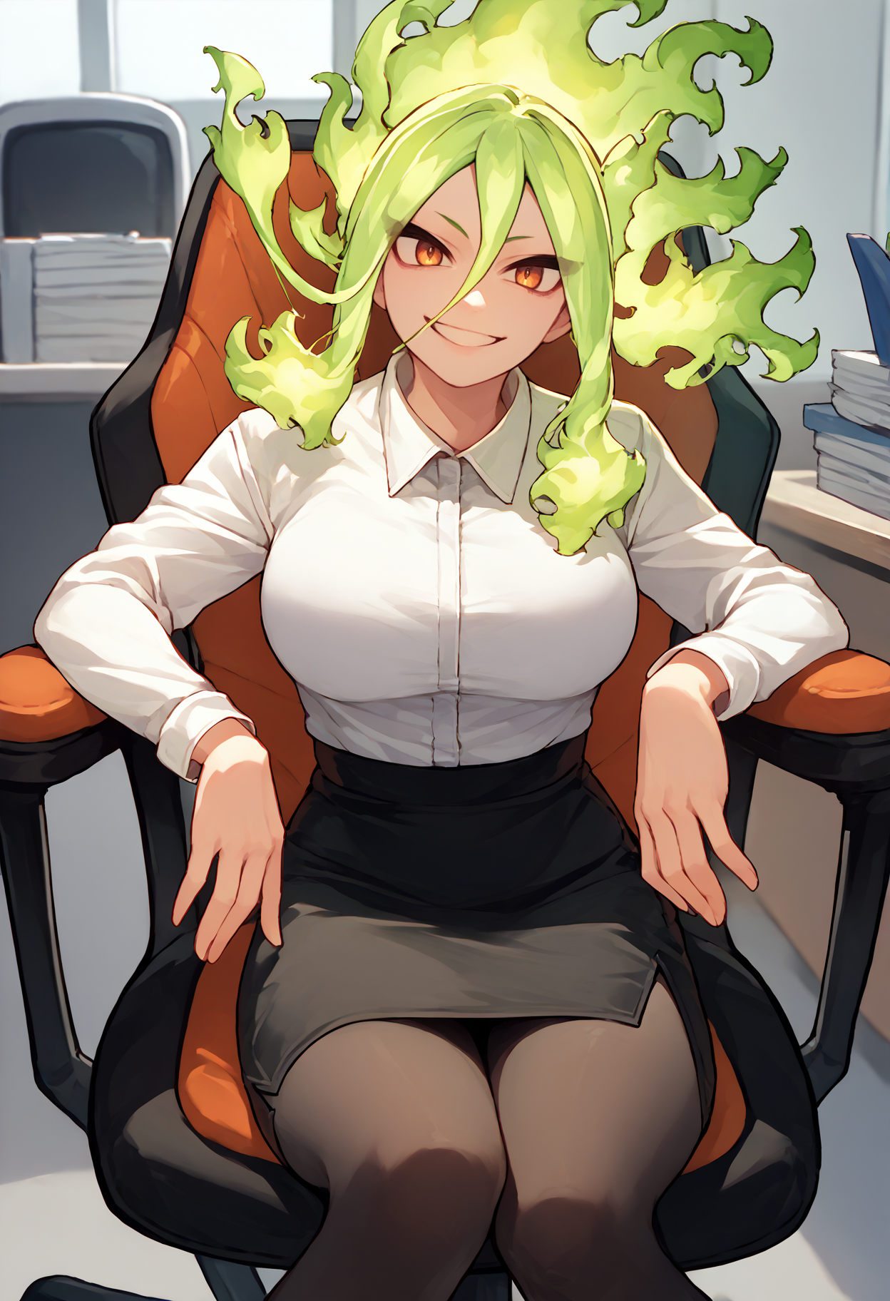 score_9, score_8_up, score_7_up, source_anime, solo, 1girl, kamiji moe, smile, looking at you, sitting, swivel chair, green hair, fiery hair, white shirt, collared shirt, long sleeves, black skirt, pencil skirt, black pantyhose, large breasts, indoors, office <segment:yolo-Anzhc Face seg 640 v2 y8n.pt,0.4,0.5>