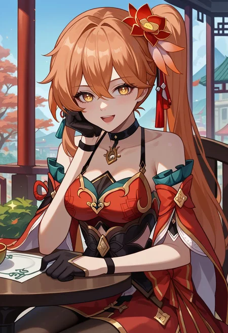 score_9, score_8_up, score_7_up, source_anime, 1girl, guinaifendef, yellow eyes, orange hair, long hair, hair between eyes, side ponytail, hair ornament, hair flower, black choker, bare shoulders, detached sleeves, red dress, chinese clothes, black gloves, black pantyhose, sitting, on chair, table, head rest, elbow rest, smile, open mouth, looking at viewer, outdoors, portrait, close-up, upper body, facing viewer, <lora:Guinaifen_v1-000010:1>