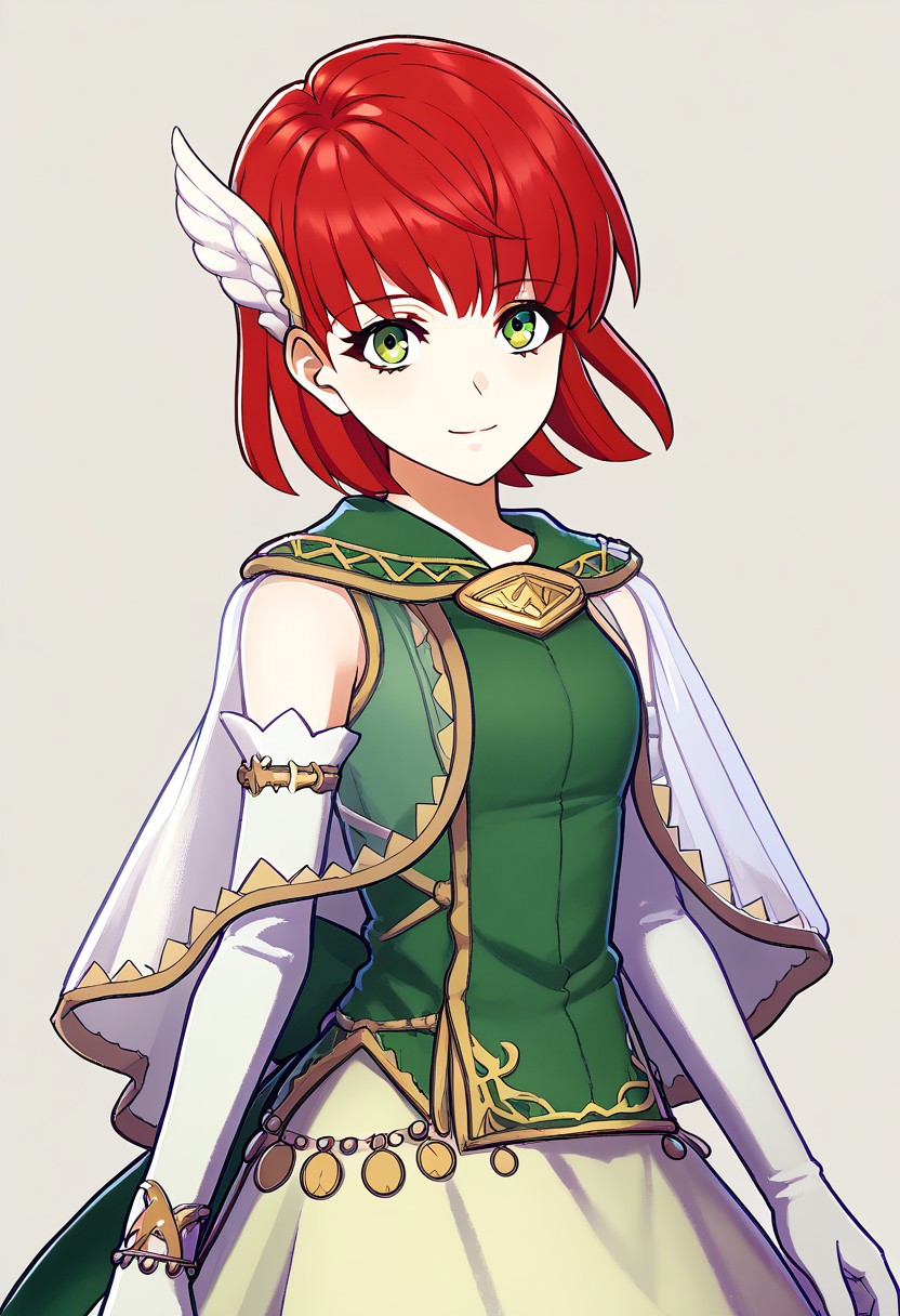 score_9, score_8_up, score_7_up, source_anime BREAK 1girl, solo, <lora:zs_EngagePortraitsXL:1> engageportraits, portrait, white background 
, <lora:NSPriscillaFE7:1> NSPriscillaFE7, red hair, green eyes, short hair, wing hair ornament, white skirt, green blouse, sleeveless, transparent capelet, elbow gloves, smile