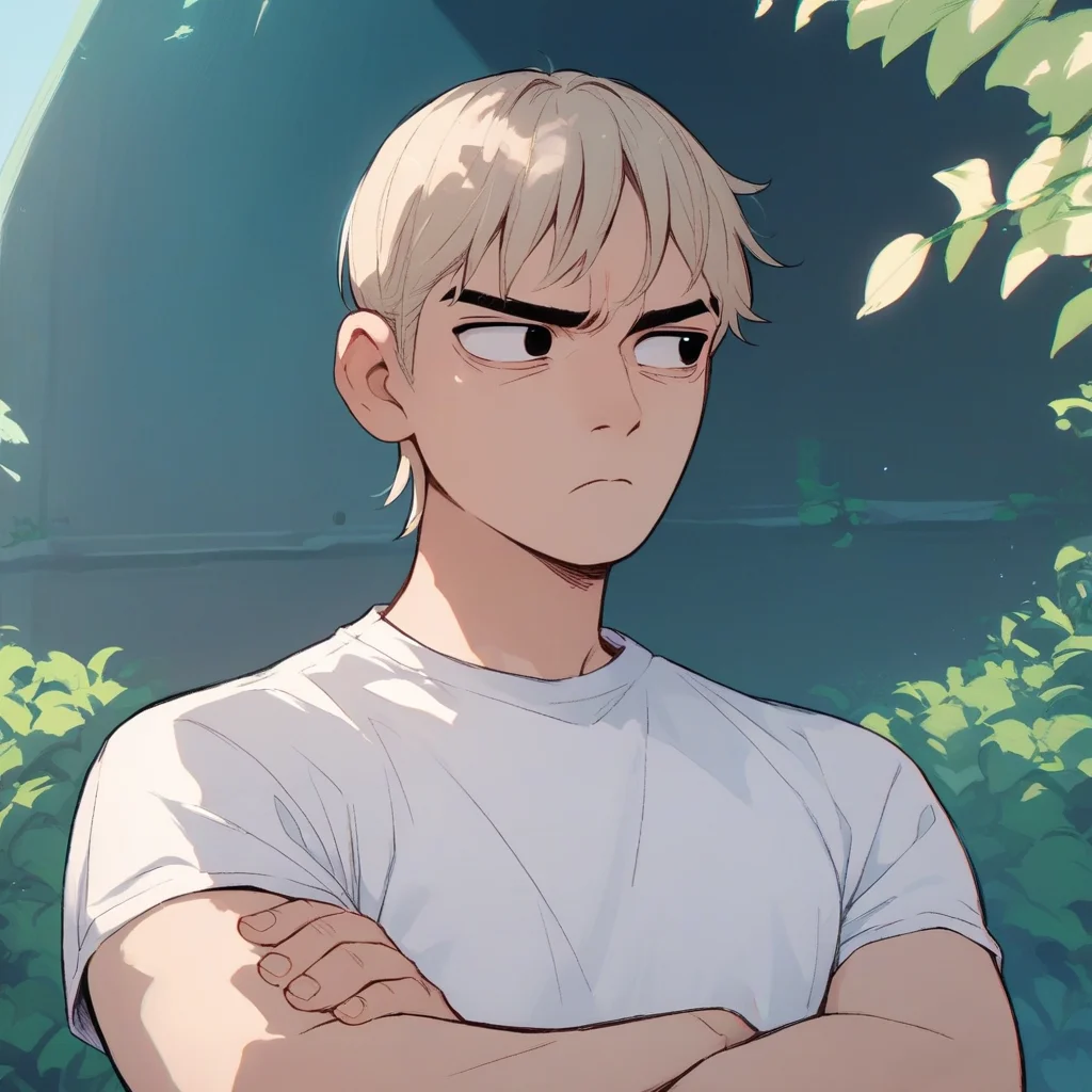 Score_9, score_8_up, score_7_up, score_6_up, score_5_up, score_4_up, source_anime, Todd-Ingrim, black eyes, blond hair, annoyed expression, white shirt, arms crossed, outdoors, upper body focus, looking away,