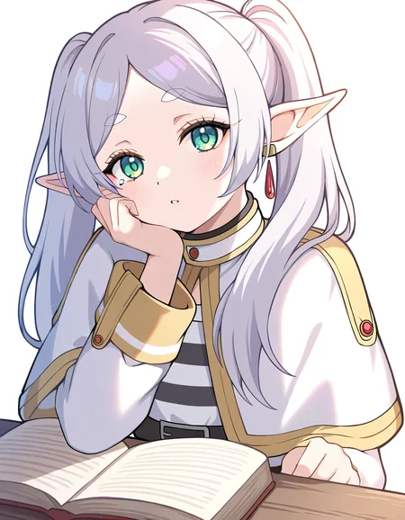1girl,frieren,sousou no frieren,aqua eyes,capelet,closed mouth,earrings,elf,expressionless,head rest,jewelry,long sleeves,looking at viewer,medium hair,parted bangs,pointy ears,shirt,simple background,solo,striped clothes,striped shirt,teardrop earrings,thick eyebrows,twintails,upper body,white background,white capelet,white hair,white shirt,black belt,sitting,holding,sidelocks,gold trim,elbow rest,green eyes,short eyebrows,long hair,dangle earrings,head tilt,book,parted lips,arm support,holding book,belt,light blush,hand on own chin,sleeve cuff,, hasu/(velicia/), <lora:hasutt:1>, masterpiece, best quality, very aesthetic, absurdres,newest, incredibly absurdres,