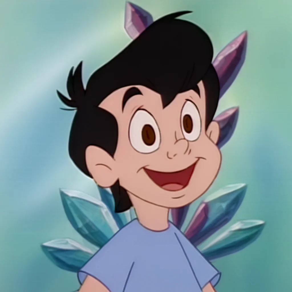 neddiehugsonozkids, 1boy, solo, human, black hair, brown eyes, blue shirt, close facial view, male child, accurate, detailed, crystal background, happy, <lora:Neddie_Hugson_Oz_Kids:1>