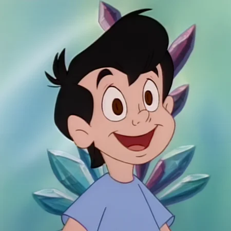 neddiehugsonozkids, 1boy, solo, human, black hair, brown eyes, blue shirt, close facial view, male child, accurate, detailed, crystal background, happy, <lora:Neddie_Hugson_Oz_Kids:1>