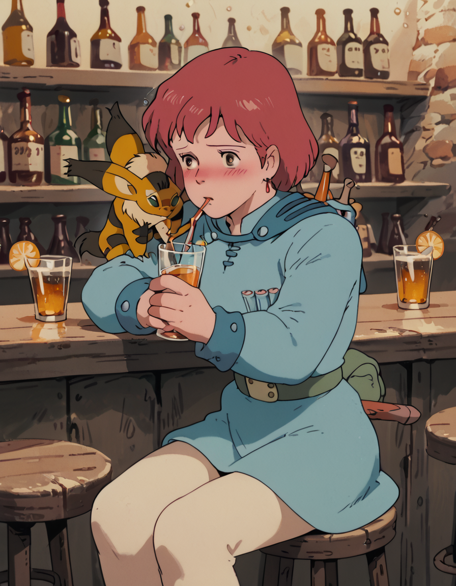 score_9, score_8_up, score_7_up, PrincessNausica, animal on shoulder, sitting, bar, drinking ale, blush, drunk,