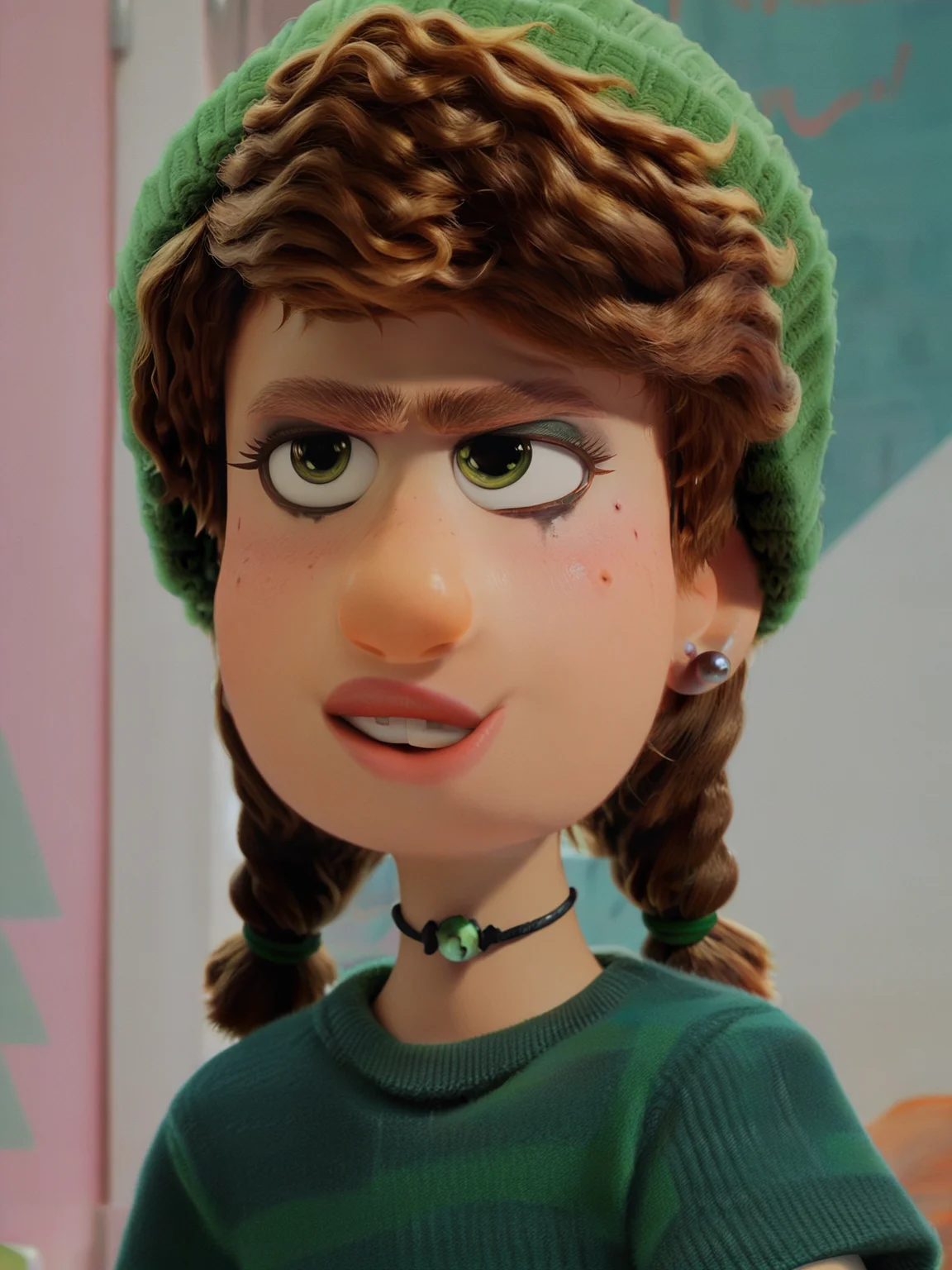 <lora:Miriam_Mendelsohn:0.9> m_m, 1girl, green eyes, ginger hair, braids hair, fur hat, earrings, goth outfit, goth makeup, score_9, score_8_up, score_7_up,