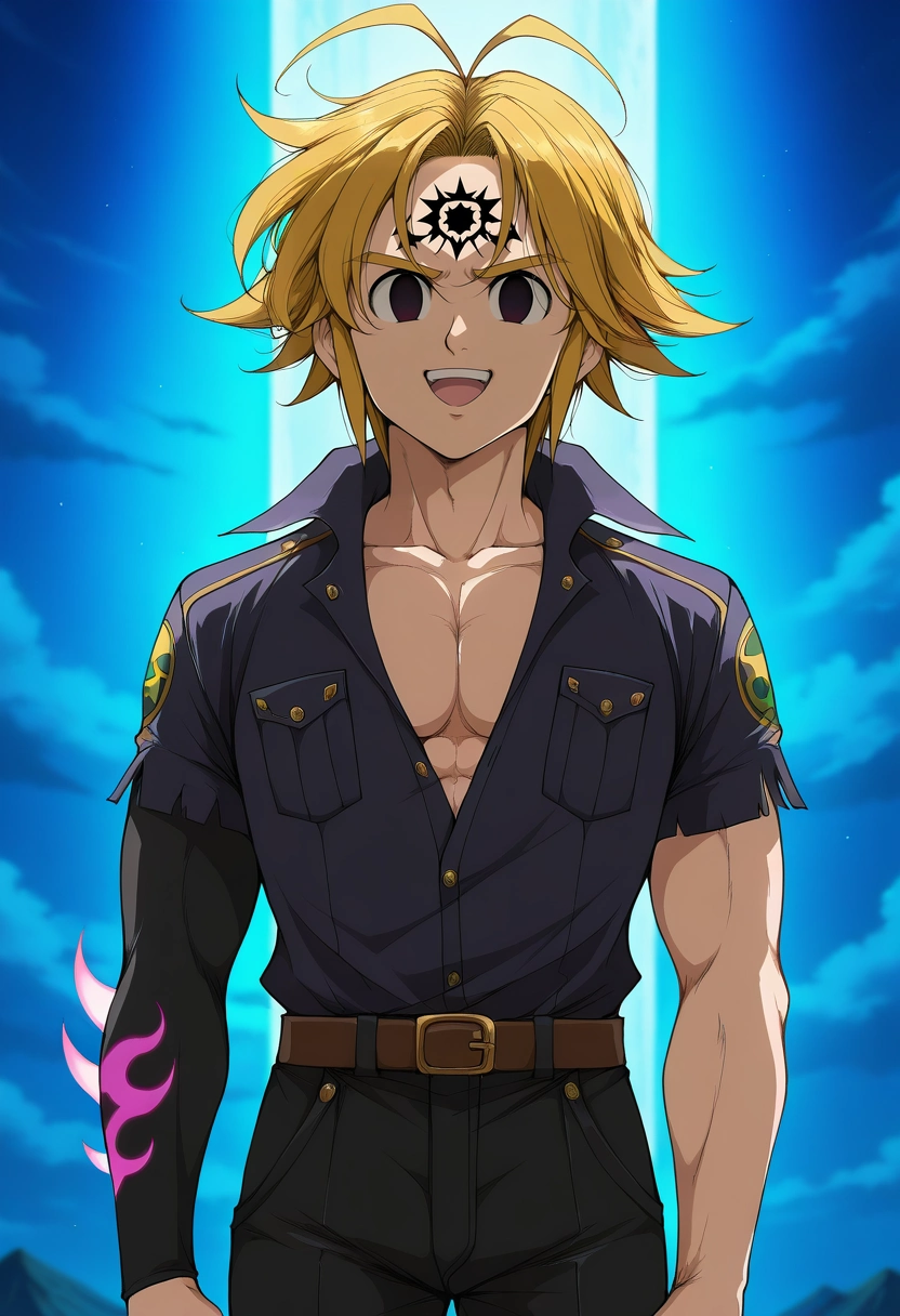masterpiece, best quality, , anime screencap, anime coloring, , , 1boy, solo, male focus, <lora:meliodas_nanatsu_no_taizai_ilxl:0.92>, meliodas_nanatsu_no_taizai, blonde hair, short hair, antenna hair, facial mark, empty eyes, black eyes, forehead mark, demon form, demon outfit, cowboy shot, fuji mountain, light, arm at side, laughing, Utility joggers, Western shirt, , Gatsby cap,