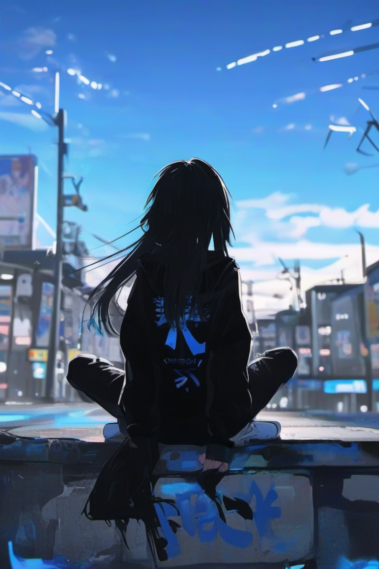 <lora:Sky_Alley_XL:1>, 
1girl, alternate costume, bag, bangs, black background, black hair, black jacket, black shirt, blue sky, blurry, bow, from behind, glowing, hair ornament, hoodie, long hair, long sleeves, looking at viewer, nail polish, outdoors, pants, scenery, sitting, sky, sneakers, torn pants, wild_style