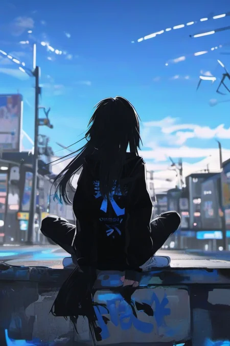 <lora:Sky_Alley_XL:1>,
1girl, alternate costume, bag, bangs, black background, black hair, black jacket, black shirt, blue sky, blurry, bow, from behind, glowing, hair ornament, hoodie, long hair, long sleeves, looking at viewer, nail polish, outdoors, pants, scenery, sitting, sky, sneakers, torn pants, wild_style