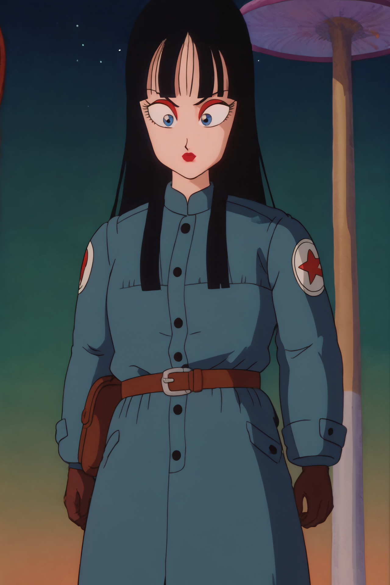 source_anime, score_9, score_8_up, score_7_up, anime screencap,8k, absurd res,
mai \(dragon ball\), makeup, lipstick, solo, long hair, bangs, blue eyes, night sky, star \(sky\),  black hair, brown gloves, belt, military uniform, pouch, print sleeves, floating hair, 
 <lora:maiDB_pony_v1:0.8>