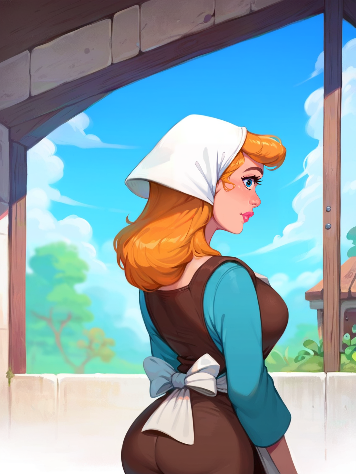 <lora:Sinderella:0.5> si_la, 1girl, fair skin, pink lips, blue eyes, golden blonde hair, medium-length hair, bangs, dark brown bodice with light aquamarine sleeves and a brown skirt, white apron,  white kerchief, <lora:Calm-no-fellatio_Sankaku_winsor-05-95_da2_20240222_with-txt_pony-v6:0.9> large_breasts, ass, score_9, score_8_up, score_7_up,