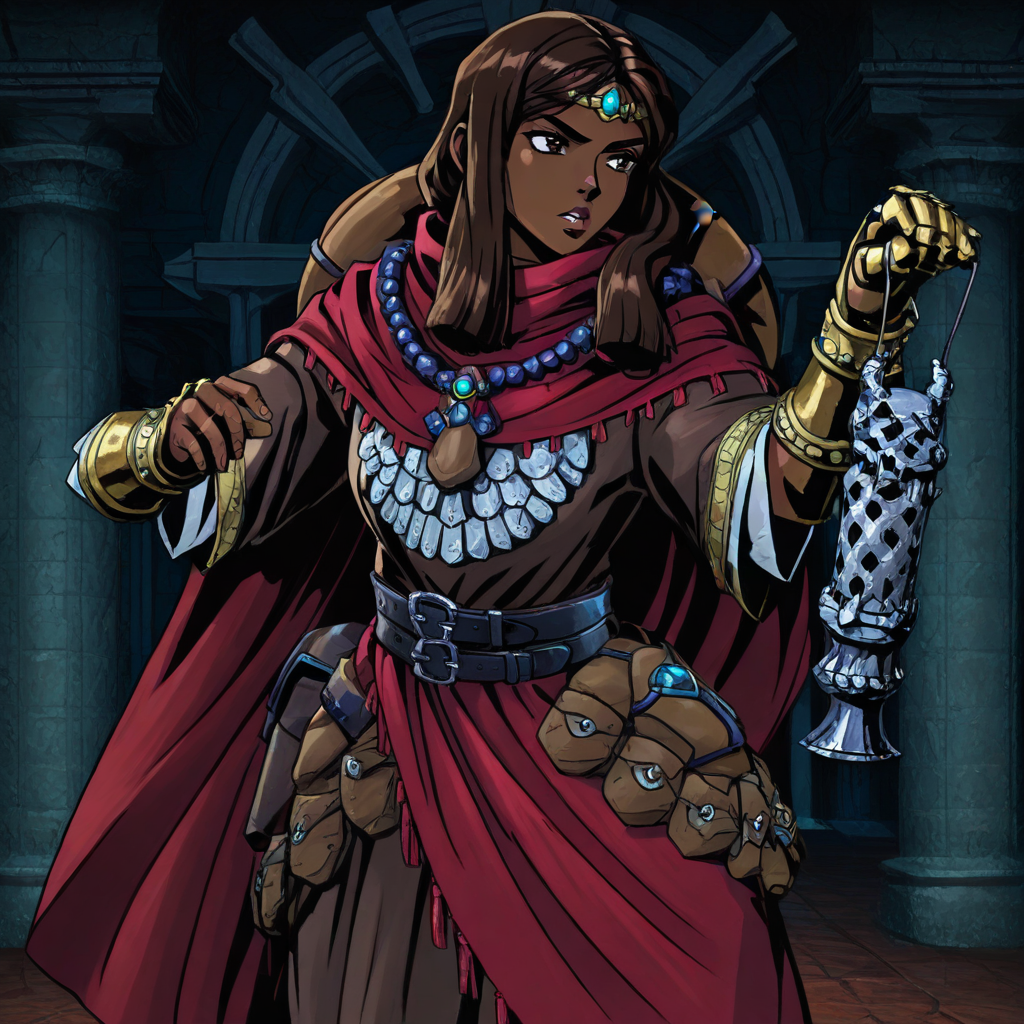 masterpiece, best quality, newest, absurdres, highres, anime, anime style, 1girl, DDDuelist-V1.1, dark skin, dark-skinned female, armor, circlet, cape, belt, dredlocks, brown hair, gauntlets, belt,