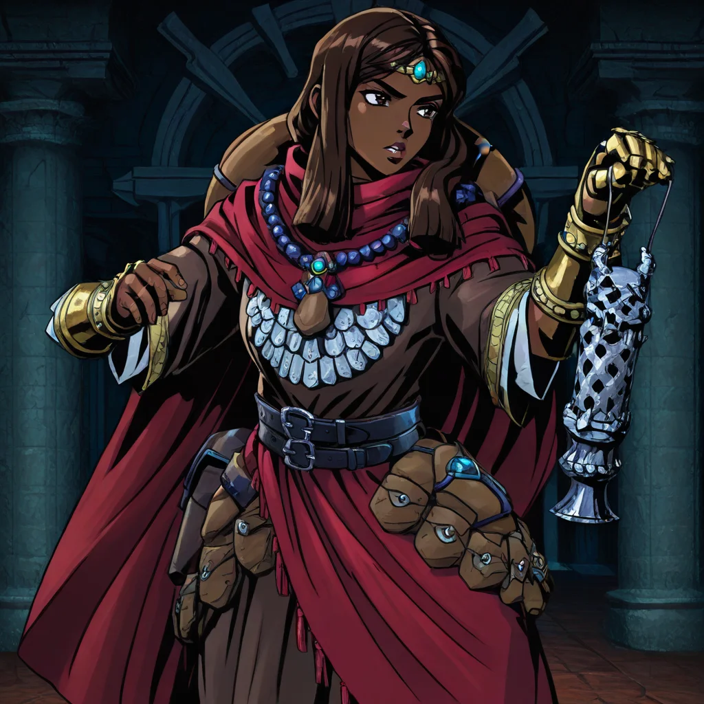 masterpiece, best quality, newest, absurdres, highres, anime, anime style, 1girl, DDDuelist-V1.1, dark skin, dark-skinned female, armor, circlet, cape, belt, dredlocks, brown hair, gauntlets, belt,