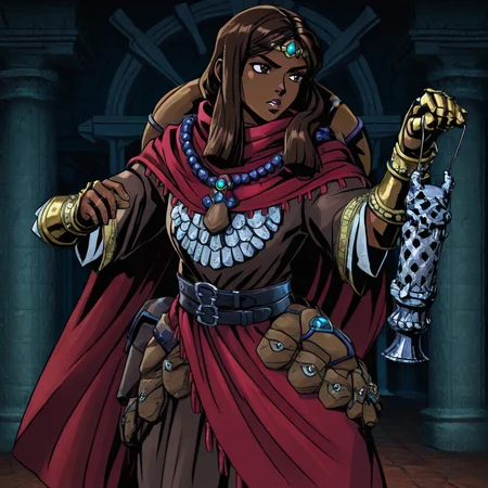 masterpiece, best quality, newest, absurdres, highres, anime, anime style, 1girl, DDDuelist-V1.1, dark skin, dark-skinned female, armor, circlet, cape, belt, dredlocks, brown hair, gauntlets, belt,
