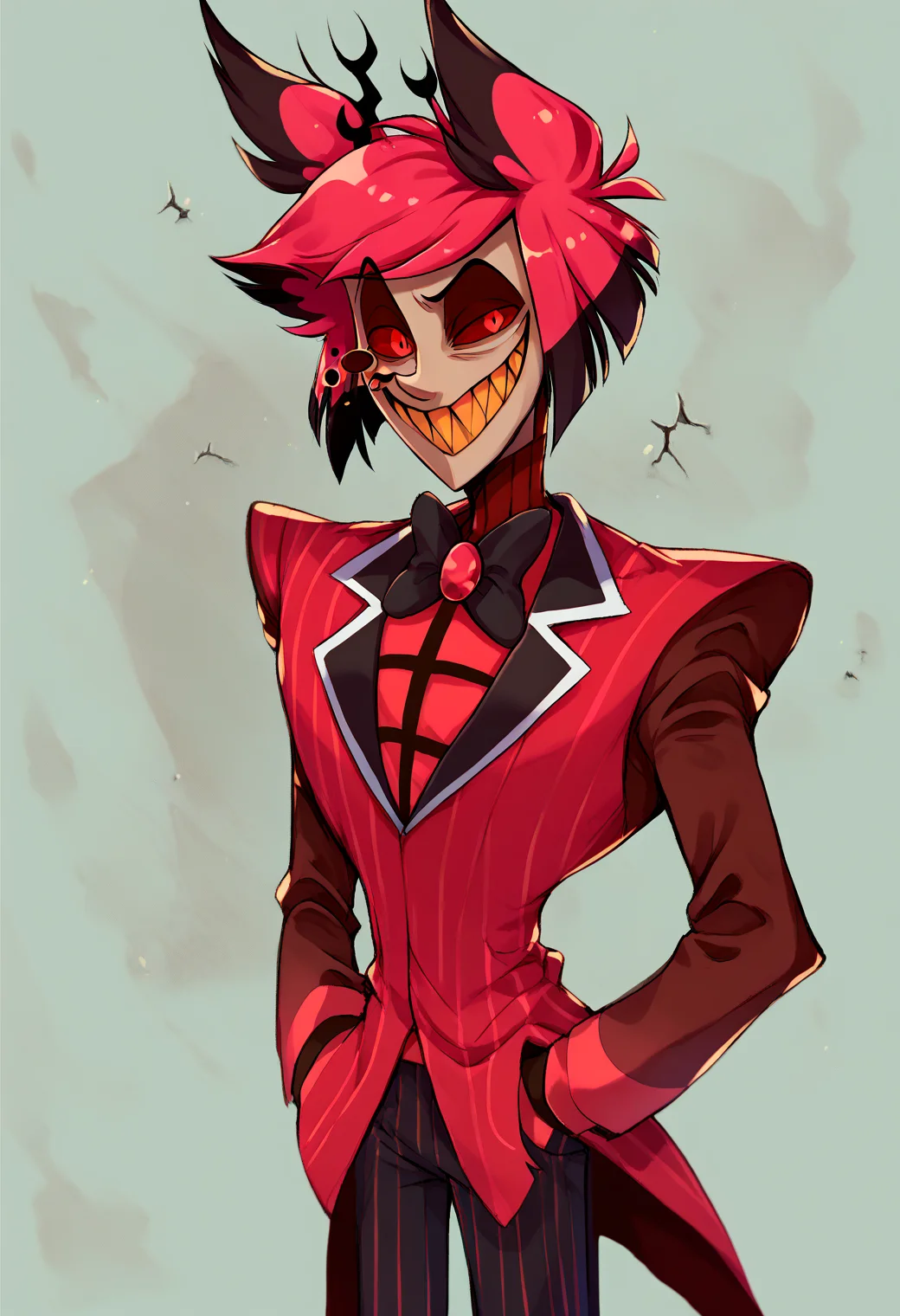 <lora:hazbin_hotel_ponyxl_v2-000025:1>, 1boy, solo, alastor, standing, suit, formal, sharp teeth, evil smile, hands in pockets,
BREAK
score_9, score_8_up, score_7_up, score_6_up