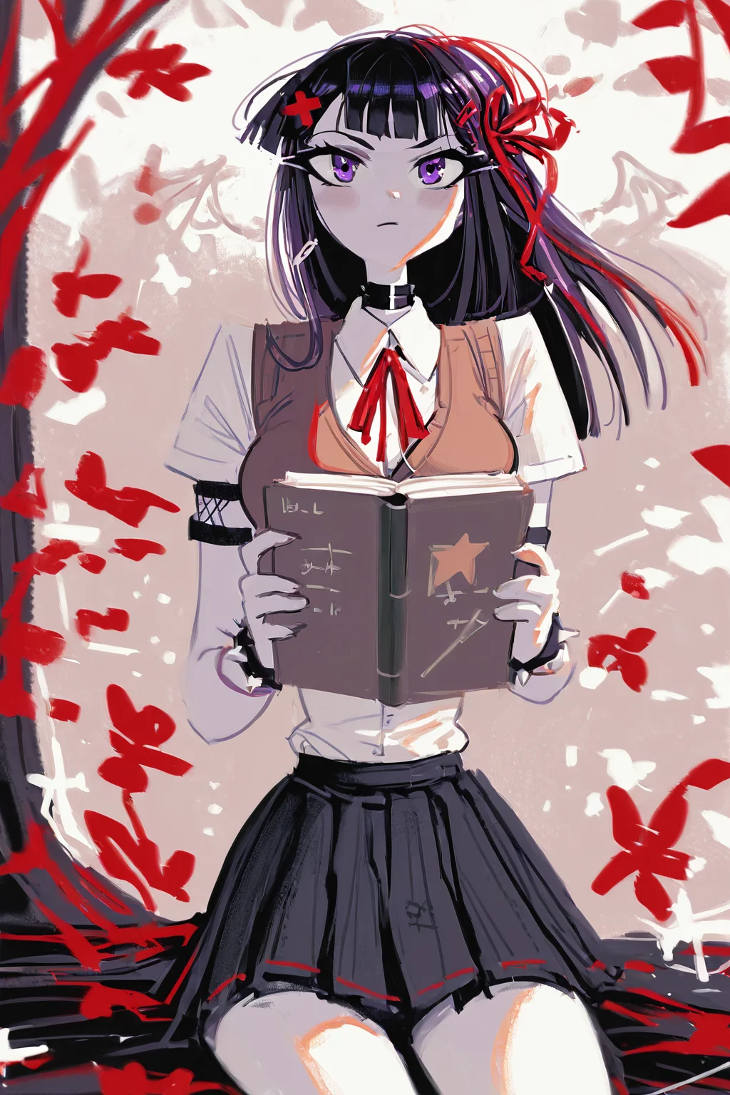 score_9, score_8_up, score_7_up, matou sakura, breasts, brown vest, collared shirt, hair ribbon, homurahara academy school uniform, large breasts, long hair, neck ribbon, purple eyes, purple hair, red ribbon, ribbon, school uniform, shirt, vest, white shirt, solo, solo focus, cowboy shot, dark,red theme,high contrast,limited palette, Sitting on a tree stump, holding a journal, expressing a moment of creativity and reflection., <lora:2024-08-13_10-43-06-save-12936-77-0:1.3>