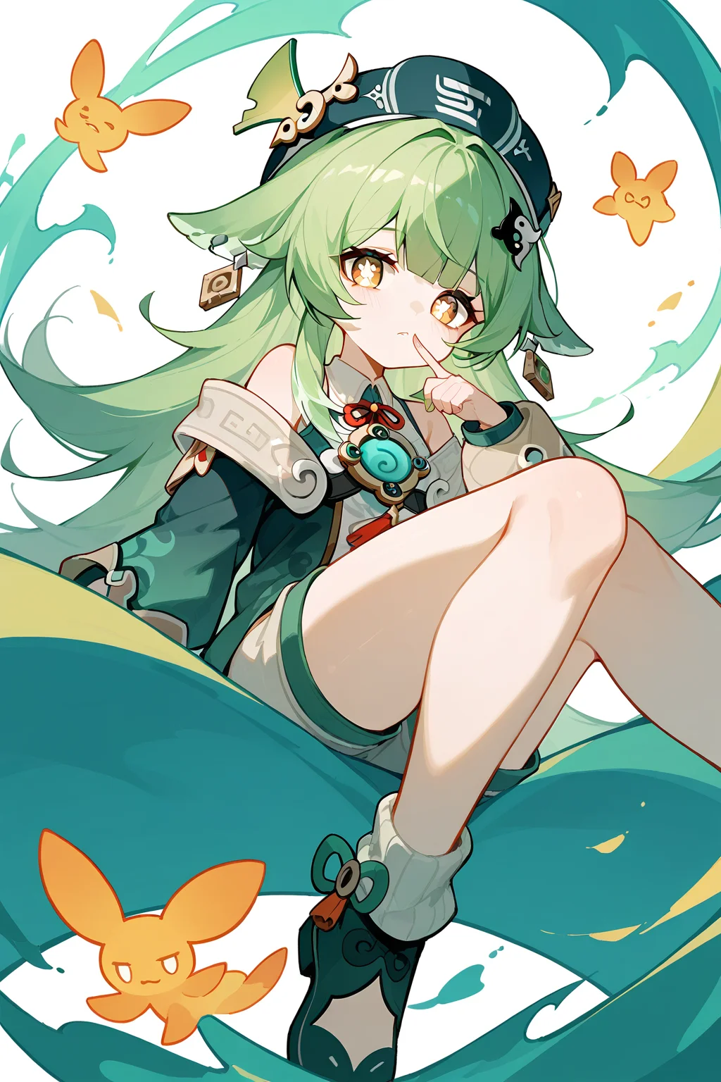 (score_9,score_8_up,score_7_up),<lora:HuoHuo(Honkai Star Rail)-v1-000006:0.6>,HuoHuo(Honkai: Star Rail),1girl,solo,green hair,yellow eyes,shorts,long hair,animal ears,bangs,bright pupils,looking at viewer,white pupils,abstract background,hat,finger to mouth,
good feet,anime,NSFW,expressive,amazing quality,ultra hd 32k,