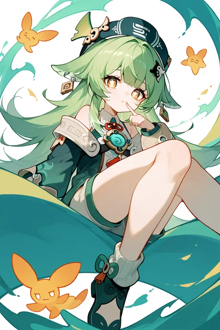 (score_9,score_8_up,score_7_up),<lora:HuoHuo(Honkai Star Rail)-v1-000006:0.6>,HuoHuo(Honkai: Star Rail),1girl,solo,green hair,yellow eyes,shorts,long hair,animal ears,bangs,bright pupils,looking at viewer,white pupils,abstract background,hat,finger to mouth,
good feet,anime,NSFW,expressive,amazing quality,ultra hd 32k,