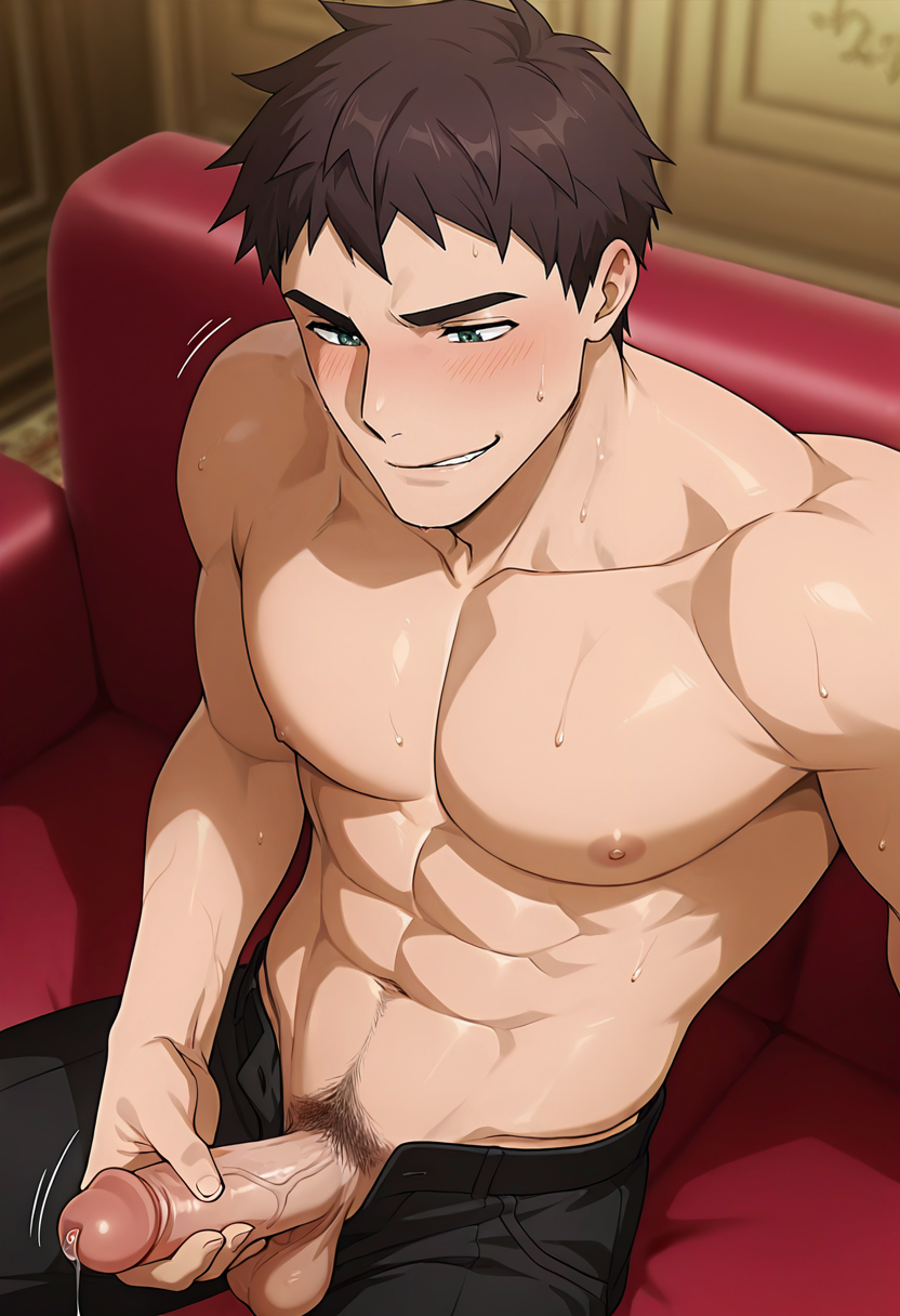 masterpiece, best quality, newest, absurdres, anime screencap, intricate details, good quality, very awa, highres, perfect proportions, perfect eyes, amazing quality, very aesthetic, 1boy, saij0u_l30nhard, brown_l30_hair, green_l30_eyes, solo, male focus, anime coloring, muscular male, expressive aroused face, topless male, black pants, open fly,  veiny penis, testicles, precum, pubic hair, navel hair, sweat, blush, smirk, half-lidded eyes, lips slightly parted, one hand on penis, grabbing penis strongly, sitting, arm rest, sofa, from above, depth of field, dynamic angle, dynamic pose, luxirious background, ultra_detailed, motion lines, bara, pectorals, abs, collarbone,  intricately detailed illustration, depth of field,