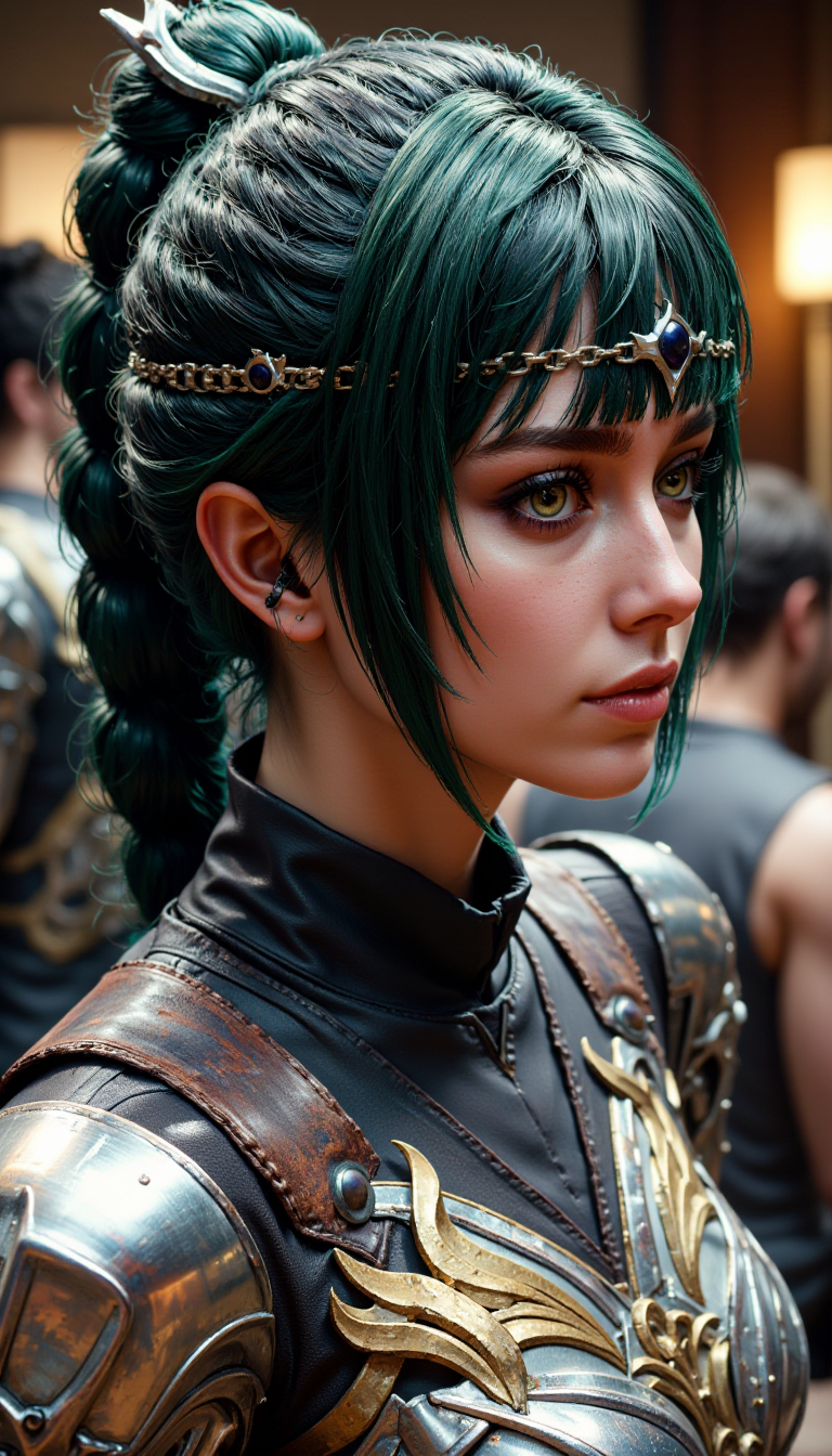 A female character rendered in a Realism art style. A medium shot view of this highly detailed young woman with fantasy aesthetic. Meticulous attention to textures and lighting. subject has fair, smooth complexion hint freckles, pointy ears, large, expressive pink eyes. Her green hair styled high ponytail thick braid, adorned silver crown-like headpiece that features intricate, ornate designs. crown focal point, adding regal otherworldly touch her appearance.
The woman is doing a Playing activity in a weather control station location.
She wears dark, high-necked garment metallic, shoulder armor slightly worn, weathered look, suggesting character history adventure or battle. intricately sharp, angular edges rivets, giving it rugged yet elegant appearance. enhancing three-dimensional effect. blend realism, capturing both delicate beauty warrior spirit subject.