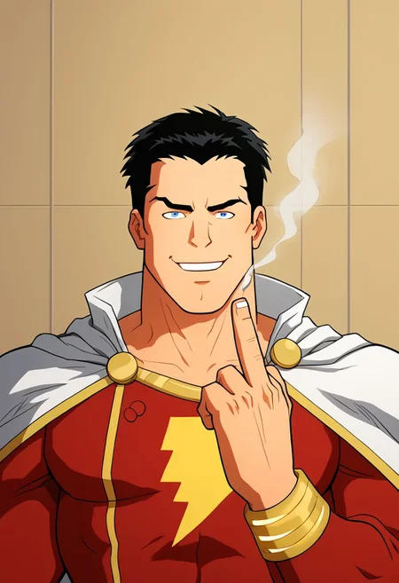 High Quality,  Shazam,  solo, 1man,  black hair, blue eyes, red suite, white cape, red hero suite, muscle body, smoking marijuana, ecstasy face, classroom, raised eyebrow, mischievous smile, looking at viewer, giving middle finger,