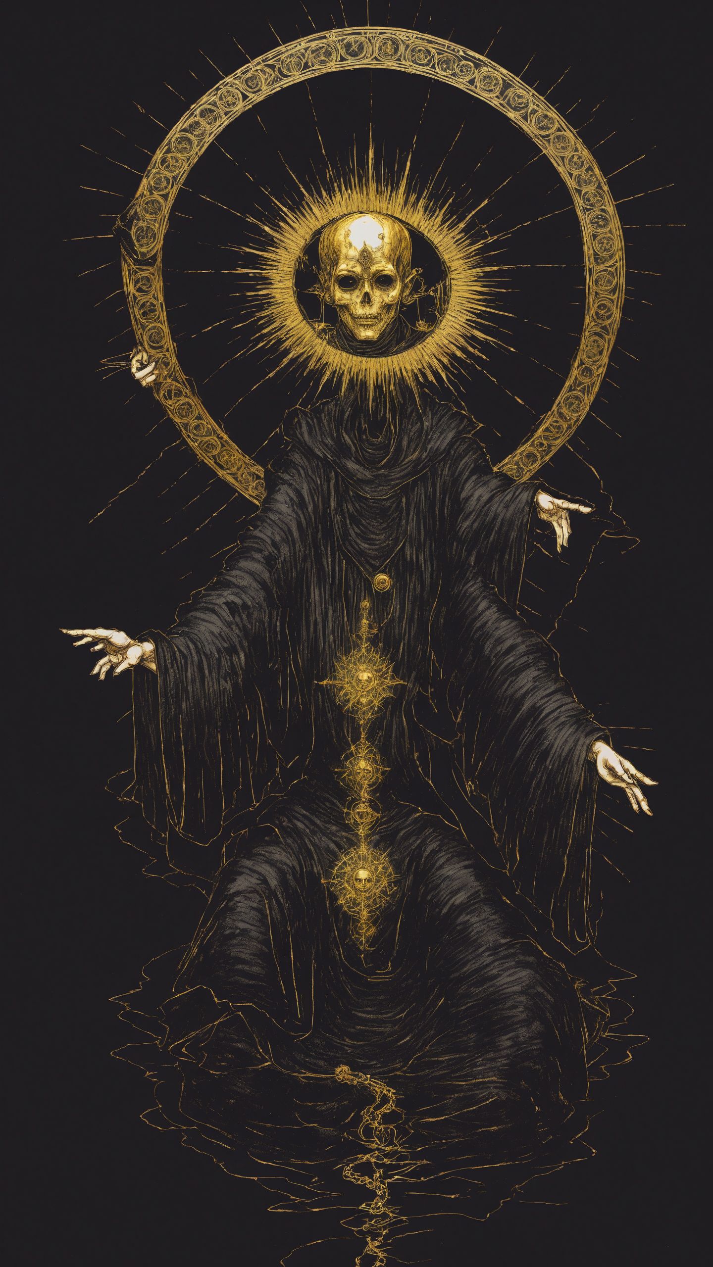 <lora:DarkInkAI:1> DarkInkAI, a gothic scribe, floating, radiating power, gold ink, inksketch