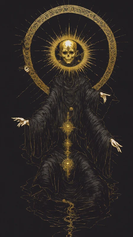<lora:DarkInkAI:1> DarkInkAI, a gothic scribe, floating, radiating power, gold ink, inksketch