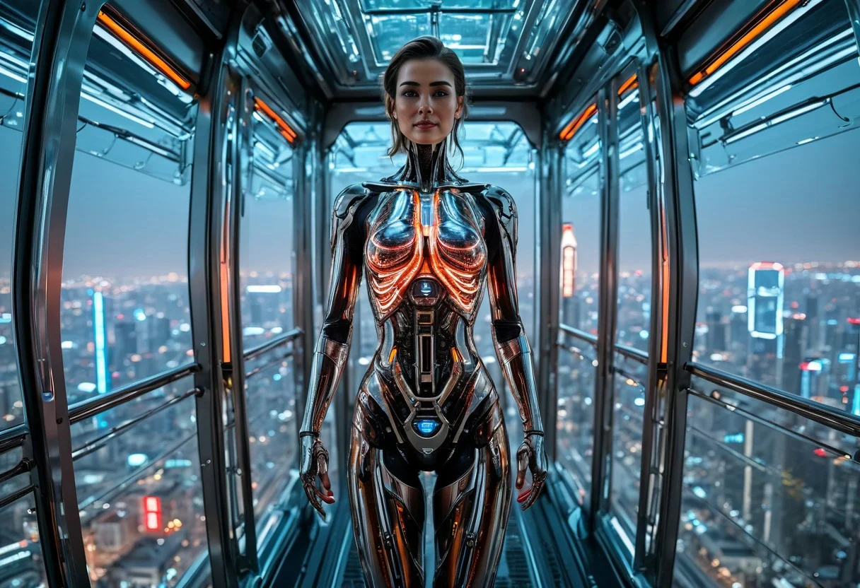 FULL BODY SHOT, extremely detailed, (DYNAMIC POSES:1.5) FO A BEAUTIFUL FEMALE ANDROID (SEDUCTIVE SMILING:1.3), looking at the camera, IN A HIGH TECH FUTURISTIC LIFT OVERLOOKING THE CITY, LEDS,BIOMECHANICAL BODY PARTS, (glass TRANSPARENT ULTRA DETAILED BODY:1.5) SHOWING CIRCUITRY INSIDE THE BODY, Detailed hand, , Perfect hand,ANDROID