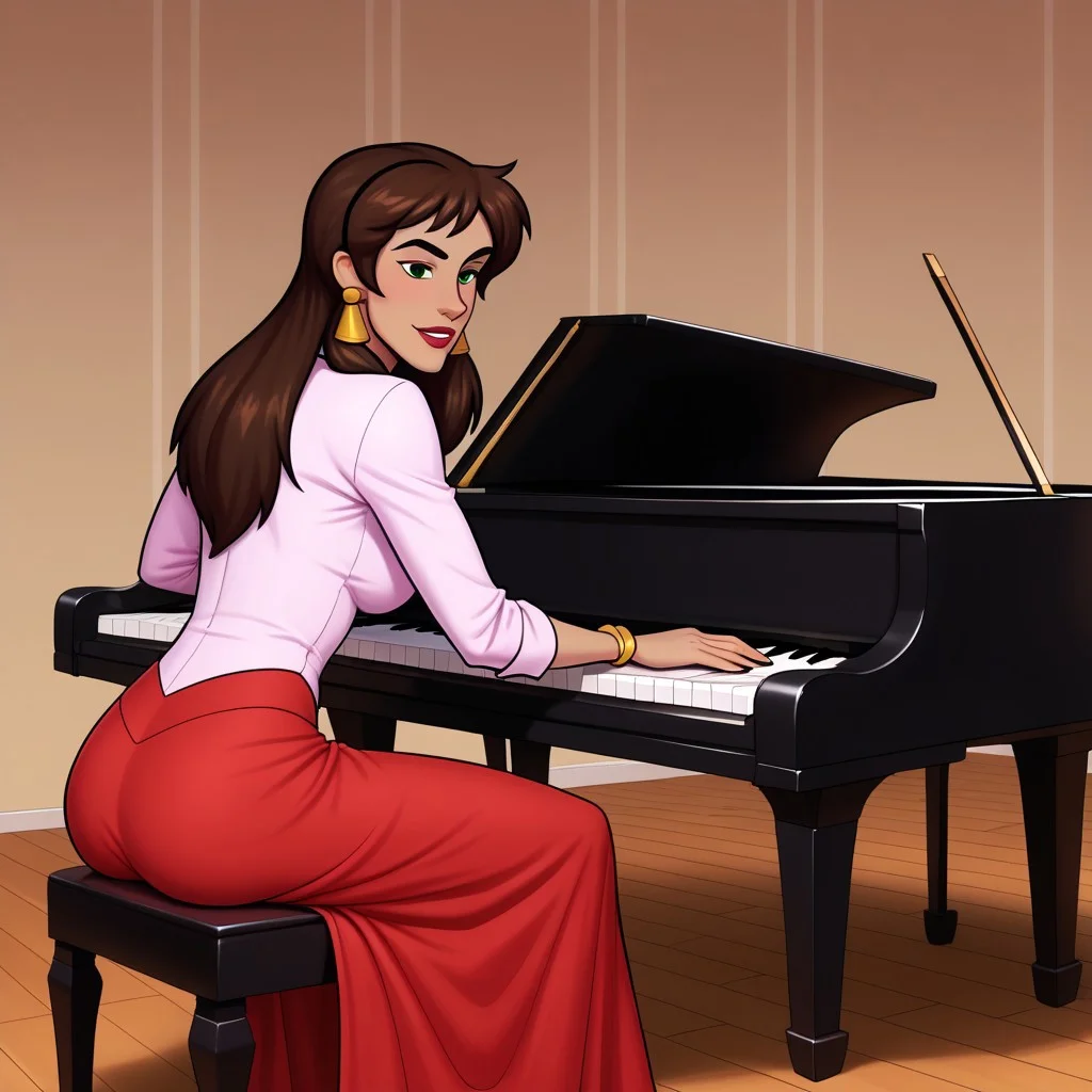 Sadira sitting at her piano and playing her piano