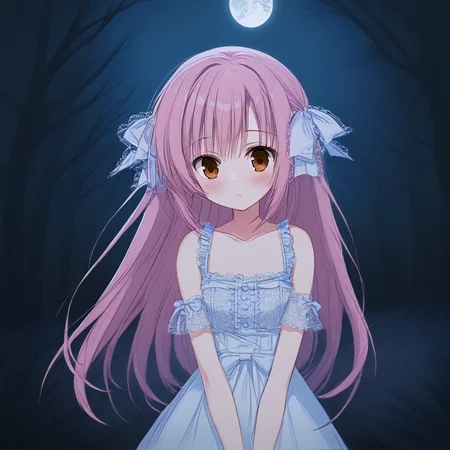 Score up 9, Score up 8, Score up 7,  yomi, white lace dress, upper body, hair ribbon, standing,outdoors, forest, night, moon,(brown eyes:0.8),  pink hair,    <lora:yomi_Pony_test_after_1-000050:0.8>