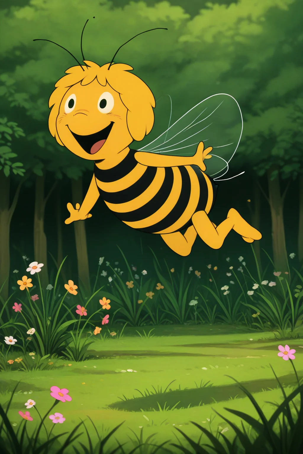 masterpiece, best quality, amazing quality, absurdres, solo, mayathebee, anthropoid girl, furry female, antennas, striped, bee girl, wings, smile, open mouth, flying, outdoors, grass, nature, flowers