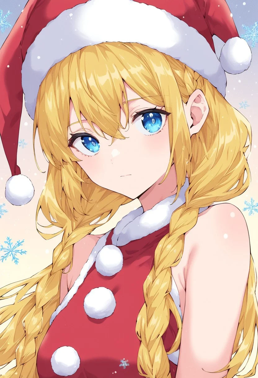 varvara pilipenko, mato seihei no slave, 1girl, bare shoulders, blonde hair, blue eyes, braid, closed mouth, hair between eyes, hat, long hair, looking at viewer, low twintails, santa costume, santa hat, snow, snowflakes, solo, tsurime, twintails, upper body