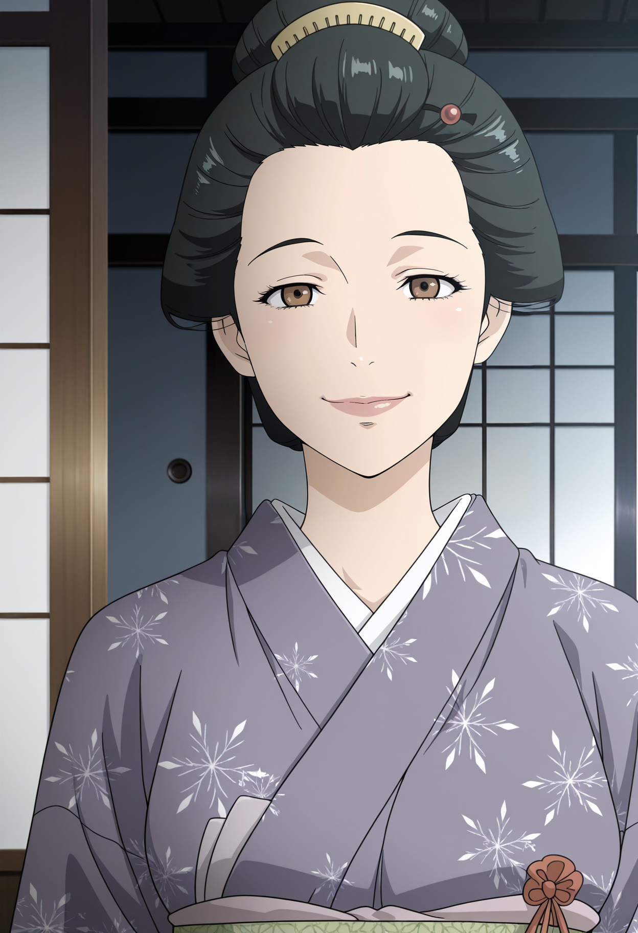 1girl,solo,mm,mature female,black hair,brown eyes,hair ornament,lips,anime coloring,
kimono,upper body, looking at viewer, smile, indoors, 
,masterpiece,best quality,amazing quality,<lora:Hisae_Hasegawa-Onihei:0.8>