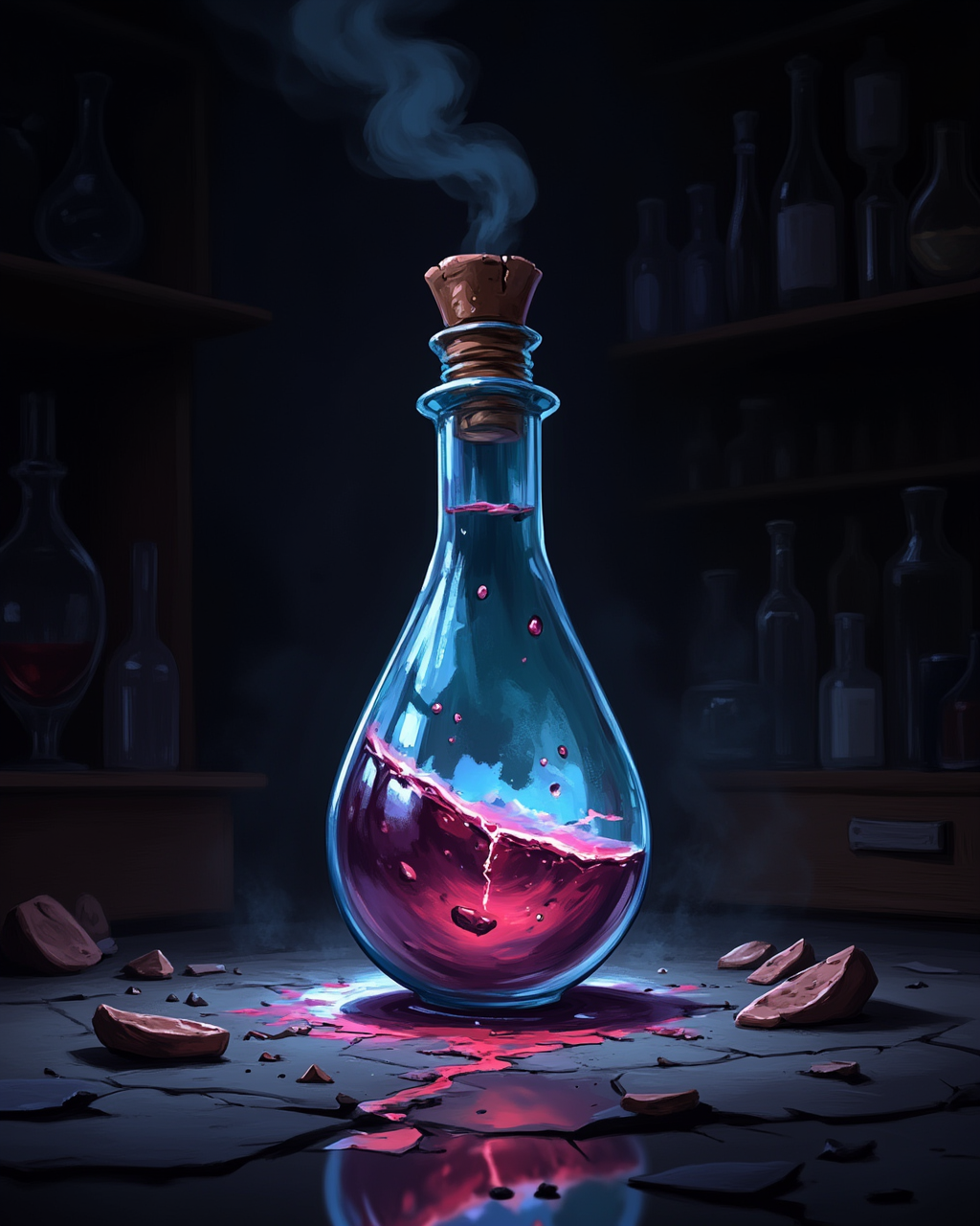 wc1dnd_style, Digital painting, a cracked alchemistâs vial with swirling, iridescent liquid spilling out, the liquid glowing faintly as it touches the ground, surrounded by shards of glass and faint smoke rising into the dim air of a cluttered laboratory <lora:Organic_Sauce_-_FLUX:0.2> <lora:Flux.Digital_Painting_DnD:0.9>