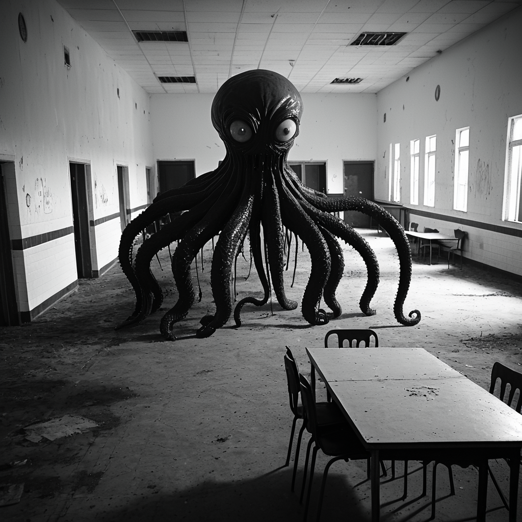 horrorcctvlora, abandoned school, horror (theme), monster, tentacles, monochrome, hiding tables