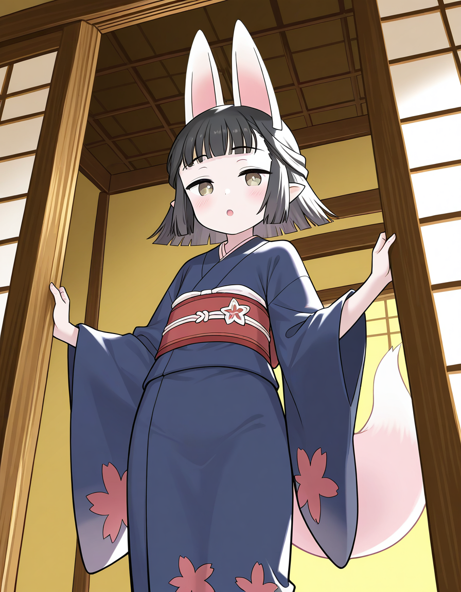 general,highres, ultra-detailed,very aesthetic,best quality ,best hands,  BREAK <lora:Hasaha_IS:1> Hasaha, 1girl,solo, 
1girl, kimono, solo, japanese clothes, animal ears, tail, fox ears, black hair, sash, from below, looking at viewer, blush, obi, pointy ears, fox tail, blue kimono, short hair, yellow eyes, open mouth, bangs, long sleeves, fox girl, wide sleeves, brown eyes, indoors, standing, :o, medium hair, blunt bangs, looking down
Japanese room, tatami,