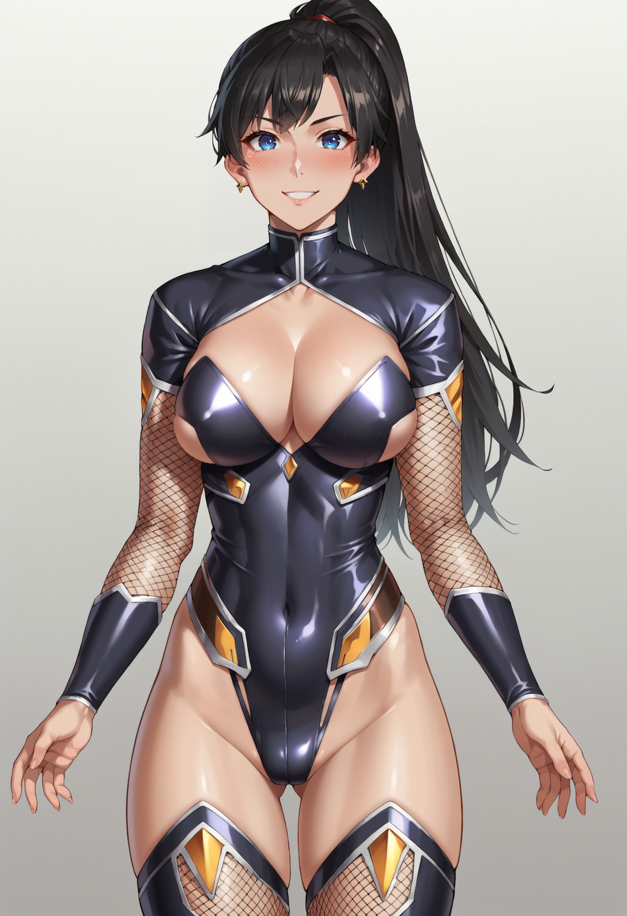 score_9, score_8_up, score_7_up, score_6_up, source_anime,
1girl, solo, (konno tohiro:0.5),
standing, 
looking at viewer, smile, blush,
Fuuma_Tokiko_SK, 
ponytail, black hair, long hair, blue eyes, earrings, 
leotard, bodysuit, clothing cutout, fishnets, thighhighs, 
simple background, white background,
<lora:Fuuma_Tokiko_SK:1>