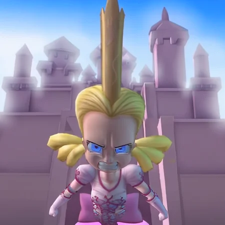 eyelashes, smiling, crown, castle background, princess, forest, cleavege outdoors, blue eyes, day, angry eyes, blonde hair, pigtails, elbow gloves, boobs, nature, angry