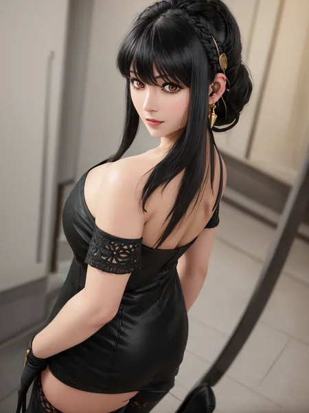 raw photo, ((masterpiece, best quality)), ultra-detailed, highres, colorful, intricate detail, ray tracing, Depth of field, (realistic, photo-realistic:1.37), best quality, fine detailed, highres, colorful, intricate detail, ray tracing, Depth of field, beautiful detailed eyes, detail hair, hand by guido daniele, ((masterpiece, best quality)),(detailed skin), ((detailed facial features)),  fine detailed, highres, colorful, intricate detail,  (sharp outline), cinematic shadows, ultra realistic 8k cg, unparalleled masterpiece, absurdres, extraordinary, incredible, exquisite, sensational, perfect artwork, perfect female figure, perfect anatomy, ultra anatomy, from behind shot ,
1girl, Yor Briar , <lora:yorBriarIbraHime_v10:0.25>,  <lora:yorBriarYorForger_v10:0.55>, an extremely beautiful 27-year-old feamle , (black hair sideburns:1.8), hair bangs, perfect shiny skin, flawless skin, fair skin, (large breasts:1.3), cleavage, (dark red eyes:1.2) , solo, light smile, light blush, golden earring,
0.2 :: (bare_shoulders off shoulder black_dress black fingerless_gloves, gold hairband with hair flower, gold rose ornament, black thighhighs, high heel boots, collarbone cleavage) , 
sexy pose, 
street scenery, East Berlin,