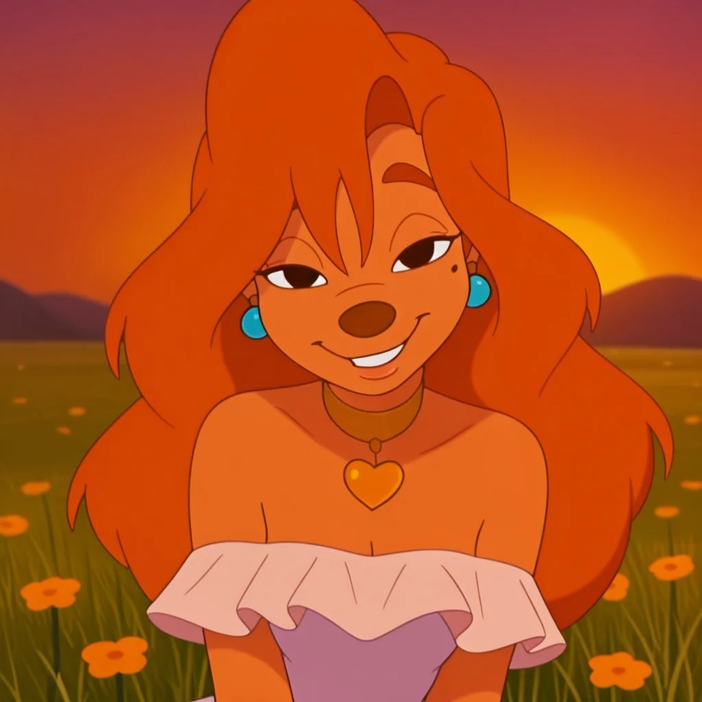 uncensored, masterpiece, best quality, highly detailed, realistic, 1girl, solo, RoxGM, female furry, anthro, canine, red hair, long hair, brown eyebrows, black eyes, brown nose, tan skin, mole, white dress, long dress, bare shoulders, pink hair flower, gold heart choker, blue earring, upper body, close-up, smile, closed mouth, teeth,  tongue, looking at viewer, sitting, grass, sunset, outdoors, flowers, (front view), detailed background, narrowed eyes