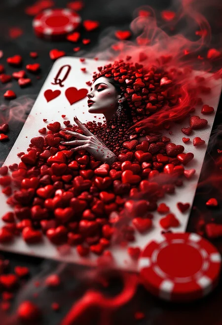 Create a hyperdetailed photorealistic macro image of a queen of hearts playing card lying on a card table. The queen is composed entirely of multiple tiny hearts. She looks contemporary, beautiful, and modern. She is portrayed as a temptress in a red silk dress surrounded by smokey red hearts and beckoning the viewer to enter the card with her finger emerging from the card in 3D along with red smoke. Add a red poker chip to the table.