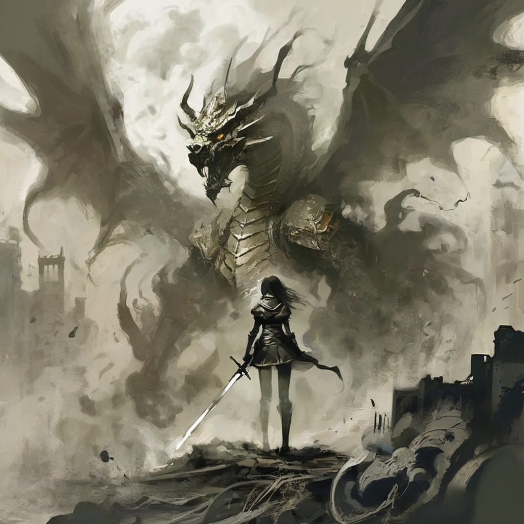 artmix06 knight girl with a sword in the background big dragon, smoke ruins and smoke, very detailed<lora:artmix06:1>