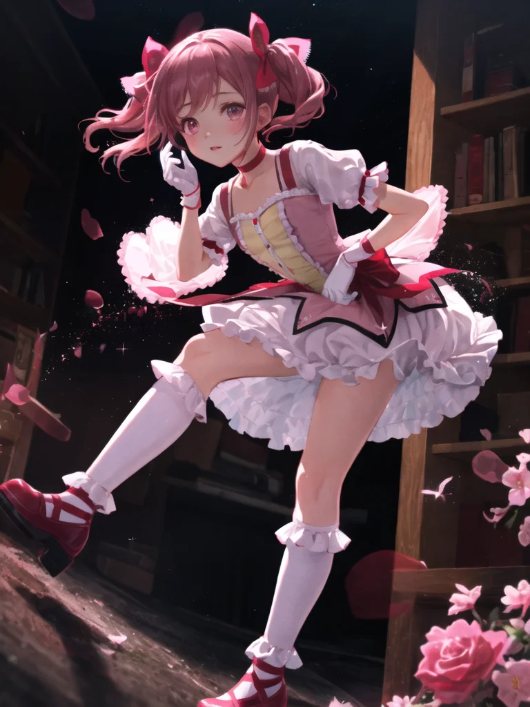 (masterpiece, best quality, ultra detailed,illustration,CG , hdr:1.2),
1girl, solo,madoka-v1 , looking at viewer, dynamic angle , cinematic angle , depth of field , detailed and beautiful glow , detailed shadow , caustics, ray tracing , bokeh , lens flare,
pink hair, gloves, white gloves, twintails, frilled socks, pink eyes, socks, frills, white socks, short sleeves, skirt, choker,white skirt, puffy short sleeves, puffy sleeves, bubble skirt, red footwear, frilled sleeves, short twintails, frilled skirt,ribbon, bow, soul gem, magical girl, leg ribbon, ankle ribbon, shoes, hair ribbon, parted lips, red choker, buttons, collarbone, pink theme, ribbon choker, pink ribbon, kneehighs, dot nose, blush, small breasts, light particles, hair bow, cross-laced footwear, hand up, breasts,
(delicate flowers and clouds, soft pink hue , whimsical and romantic atmosphere,fantasy and charm,sparkle :1.2 ) ,
<lora:madoka-000010:0.8>,