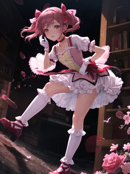 (masterpiece, best quality, ultra detailed,illustration,CG , hdr:1.2),
1girl, solo,madoka-v1 , looking at viewer, dynamic angle , cinematic angle , depth of field , detailed and beautiful glow , detailed shadow , caustics, ray tracing , bokeh , lens flare,
pink hair, gloves, white gloves, twintails, frilled socks, pink eyes, socks, frills, white socks, short sleeves, skirt, choker,white skirt, puffy short sleeves, puffy sleeves, bubble skirt, red footwear, frilled sleeves, short twintails, frilled skirt,ribbon, bow, soul gem, magical girl, leg ribbon, ankle ribbon, shoes, hair ribbon, parted lips, red choker, buttons, collarbone, pink theme, ribbon choker, pink ribbon, kneehighs, dot nose, blush, small breasts, light particles, hair bow, cross-laced footwear, hand up, breasts,
(delicate flowers and clouds, soft pink hue , whimsical and romantic atmosphere,fantasy and charm,sparkle :1.2 ) ,
<lora:madoka-000010:0.8>,