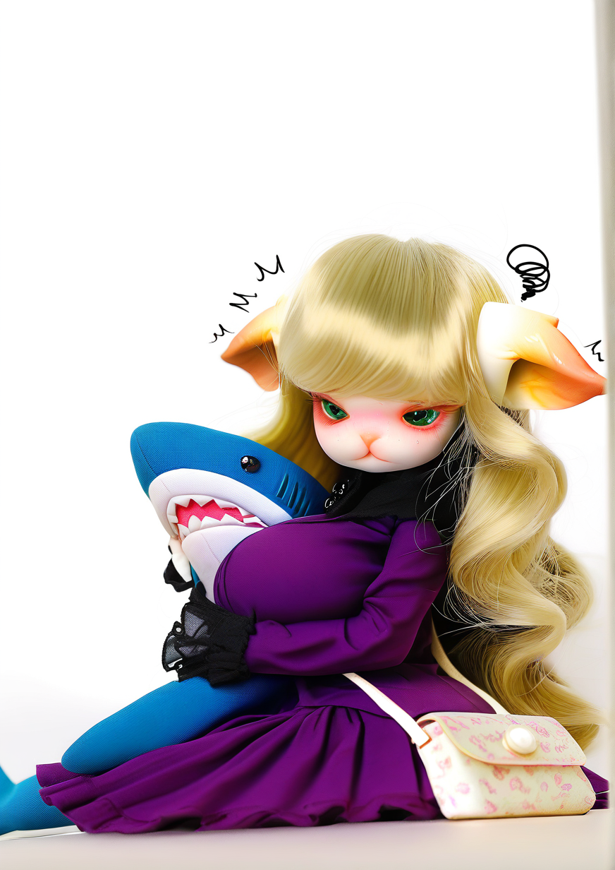 <lora:DOLL_ZONE_furry:1>,1girl, huge breasts, Miss Kitty(am), Ears Down, young girl, wavy hair, long hair, green eyes, blonde hair, purple dress, :t, bag, ^^^, blush, closed mouth, eyebrows hidden by hair, hugging object, ikea shark, looking away, looking down, nose blush, pantyshot, pout, shoulder bag, sitting, solo, squiggle, striped, stuffed animal, stuffed shark, stuffed toy, sweat,