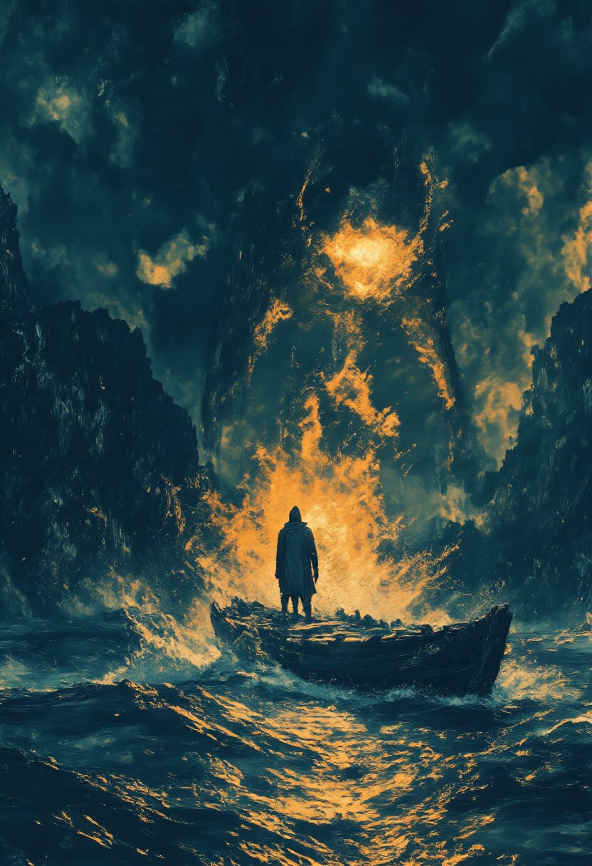 Background: A vast, open ocean under a dark, moonless night sky. The sea is restless, waves shifting in the dim light, stretching endlessly into the abyss.
Art Style: Hyper-realistic digital painting with dramatic lighting and a suspenseful, almost horror-fantasy mood. High contrast between shadow and soft illumination, with rich atmospheric texture.
Colors: Deep navy and black dominate the scene, with soft golden-yellow from the lamp casting faint, moody highlights. The shark’s outline glows faintly with this warm light against the cold surroundings, creating a surreal contrast.
Scene: Still action scene ,A massive shark bursts from the ocean mid-leap, its form arched and powerful, water exploding around it. The only light source is a lone lamp held by a hooded figure standing in a small, weathered wooden boat below. The soft glow outlines the shark’s enormous silhouette midair. The figure, calm yet tense, faces the airborne predator directly, their lamp raised—not in defense, but almost in reverence. A moment of stillness in chaos.