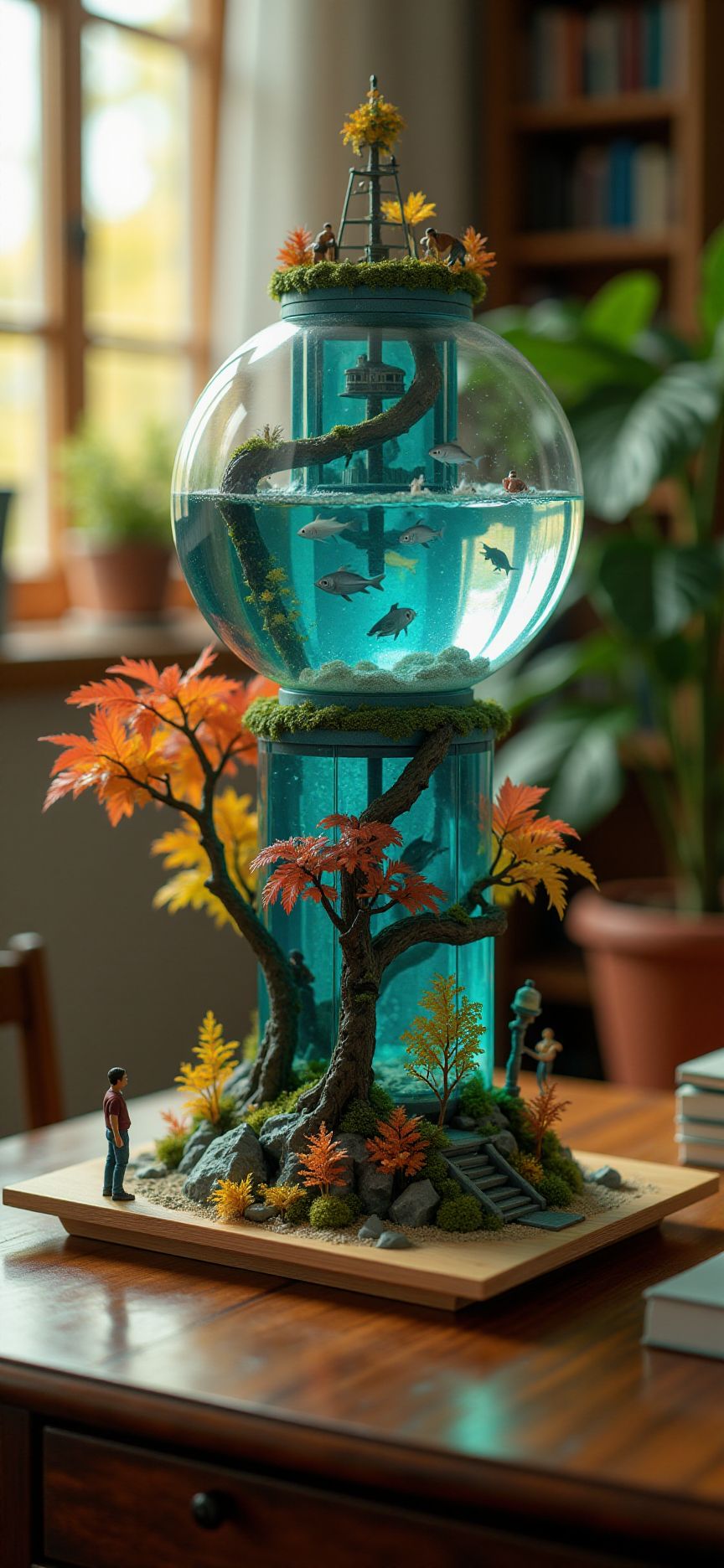 (indoors,indoor,isometric view,side view,tilt-shift lens:2), (fna_style,miniature,miniature,diorama,miniature,diorama,PVC,plastic:2),sunset,autumn giant (multi layers of aquarium with sea fishes observation tower   sphere vertical:2.5)  is located center, people are climbing with ropes, (in wooden square plate:3) (on table at study:3) <lora:Fantasy_Novel_Art_Style:1> <lora:Rostpunk:0.3>