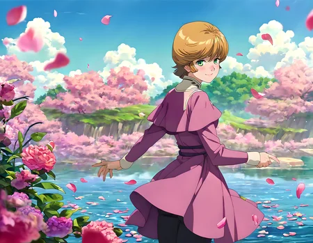 <lora:pony_xl_audrey:0.9>,audrey,score_9,score_8_up,score_7_up,source_anime,best quality,masterpiece,super fine illustration,1girl,solo,long sleeves,black pants,cowboy_shot,smile,a full smile,:d,light_blush,nature,sky,the blue sky,ocean,horizon,in a meadow,petals,strong rim light,lens_flare,depth of field,looking_at_viewer,looking_back,